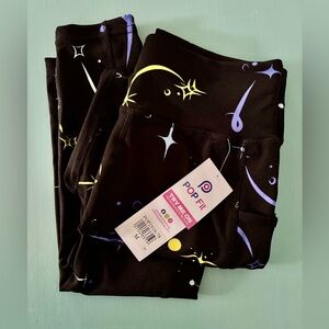 POP Fit Womens Black Leggings with Yellow and Purple Celestial Design. Size M